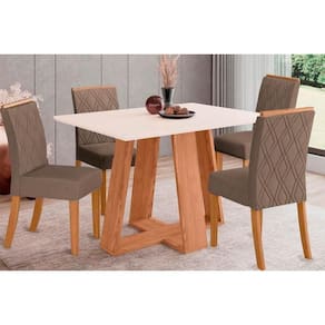 Conjunto: Mesa de Cozinha Lins c/ Tampo Madeirado 120x80cm e 4 Cadeiras Vita Nature/Off White - Suede Marrom - Henn
