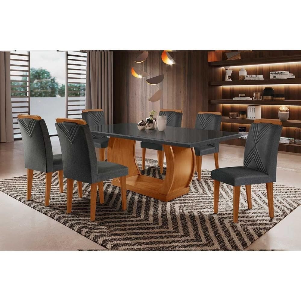 Conjunto: Mesa de Cozinha Jade Tampo Madeirado c/ Vidro Curvo 180x90 e 6 Cadeiras Amsterdã Capuccino/Suede Grafite - Rufato