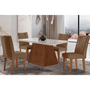 Conjunto: Mesa de Cozinha Luna c/ Tampo Madeirado c/ Vidro Canto Curvo 120x80cm e 4 cadeiras Jade Imbuia/Off White - Suede Capuccino - Rufato
