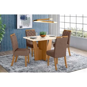 Conjunto: Mesa de Cozinha Vértice Tampo Madeirado c/ Vidro Canto Reto 120x80cm e 4 Cadeiras Bella Nature/Amêndoa - Henn