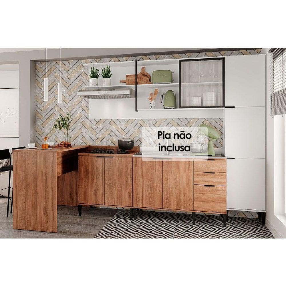 Cozinha Modulada Completa Alpha 5 Peças (1Aéreo+2Balcões+1Paneleiro+1 Ilha) C5P100 Freijo/Branco - Carraro