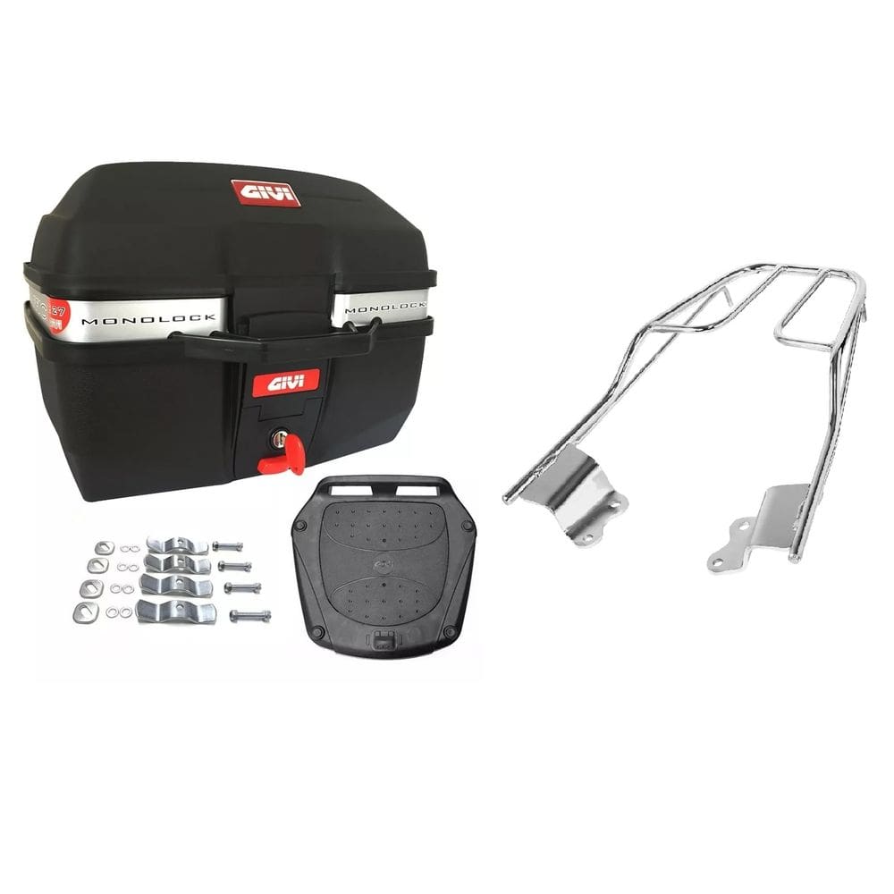 KIT BAÚ MOTO 27 GIVI TRAFFIC E-27M + BAGAGEIRO Fazer Factor 150 2015 2016 2017 2018 PROJÉTIL