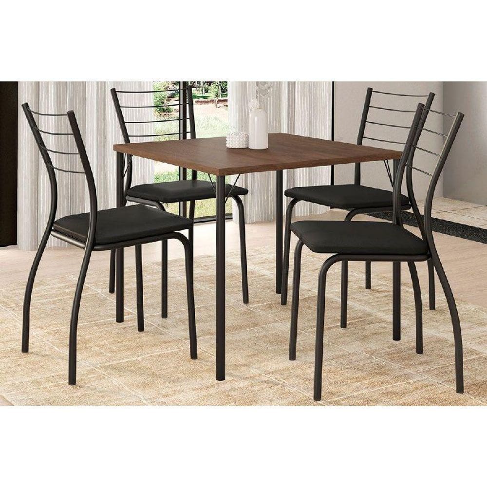 Conjunto: Mesa de Cozinha 1545 Aço c/ Tampo Madeirado 87x87cm e 4 Cadeiras 1700 Preto/Legno - Preto - Carraro