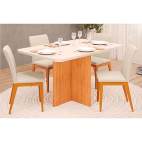 Conjunto: Mesa Sala Jantar Hera Tampo Madeirado c/ Vidro 120x90cm e 4 Cadeiras Vitória Cedro/Off White - Ipe/Linho Neve - DJ Móveis
