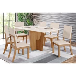 Conjunto: Mesa de Cozinha Vértice Tampo Madeirado c/ Vidro 160x80cm e 6 Cadeiras Milla Nature/Linho - Henn