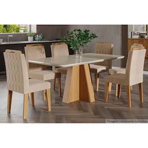 Conjunto: Mesa de Cozinha Maitê c/ Tampo Madeirado c/ Vidro Canto Curvo 160x80cm e 6 Cadeiras Paola Nature/Off White-Suede Nude Bege - Cimol