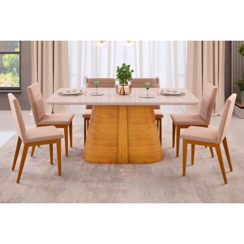 Conjunto: Mesa Sala Jantar Ryze Tampo Madeirado c/ Vidro Curvo 180x100cm e 6 Cadeiras Sofia Cedro/Off White - Ipe/Suede Creme - DJ Móveis
