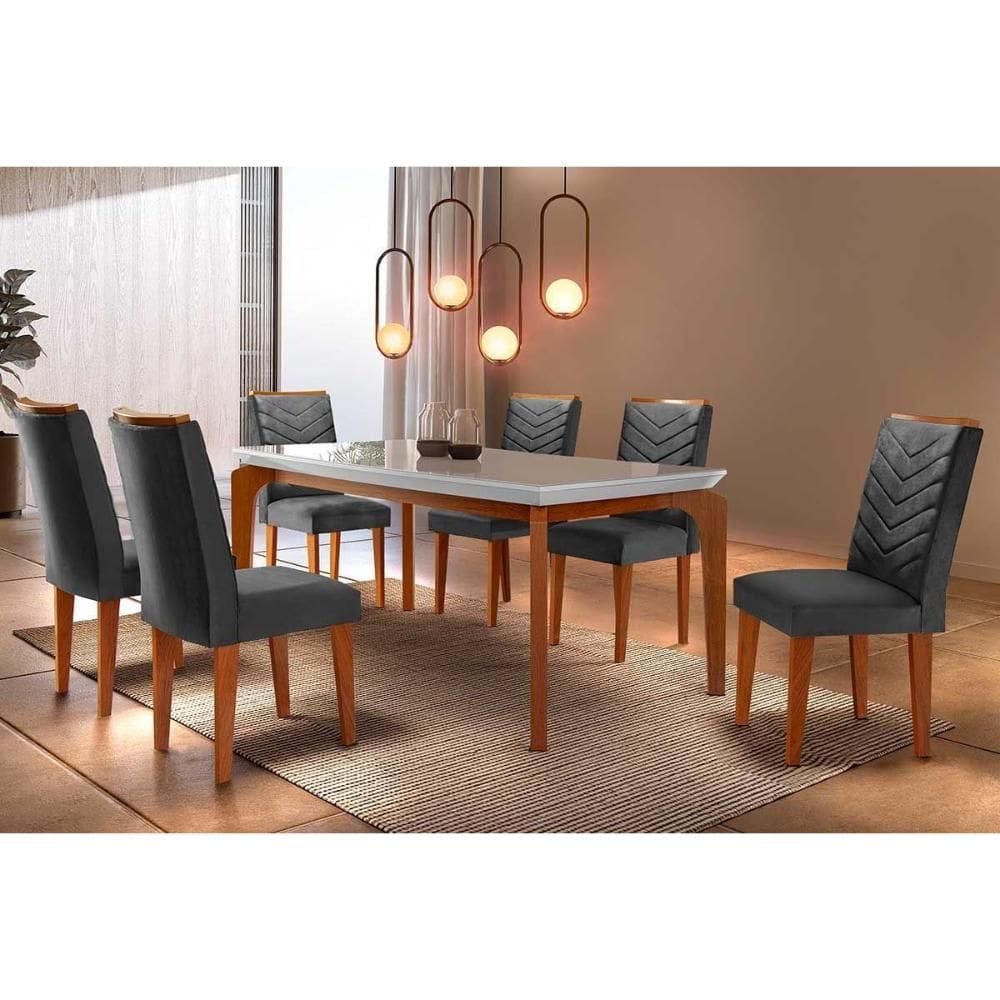 Conjunto: Mesa de Cozinha Londrina c/ Tampo Madeirado Canto Reto 180x90cm e 6 cadeiras Londrina Imbuia/Linho Grafite - Rufato