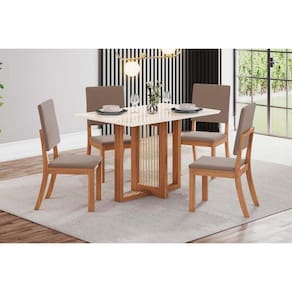 Conjunto: Mesa de Cozinha Natalí c/ Tampo Madeirado c/ Vidro Reto 120x80cm e 4 Cadeiras Milla Nature/Suede Light Marrom Amêndoa - Henn