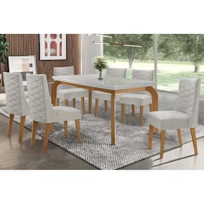 Conjunto: Mesa de Cozinha Londrina Tampo Madeirado c/ Vidro 180x90cm e 6 Cadeiras Dafne Capuccino/Linho Bege Turim - Rufato