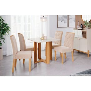 Conjunto: Mesa de Cozinha Flora c/ Tampo Madeirado 95x95cm e 4 Cadeiras Fernanda Nature/Off White-Suede Nude Bege - Cimol
