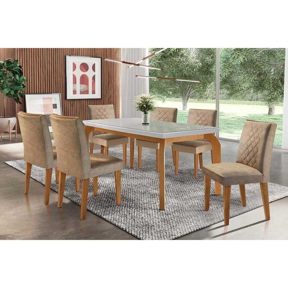 Conjunto: Mesa de Cozinha Londrina c/ Tampo Madeirado c/ Vidro Canto Curvo 180x90cm e 6 cadeiras Jade Imbuia/Off White - Suede Capuccino - Rufato
