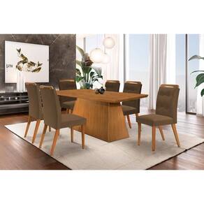 Conjunto: Mesa de Cozinha Luna c/ Tampo Madeirado Canto Curvo 180x90cm e 6 cadeiras Imperatriz Imbuia/Suede Capuccino - Rufato