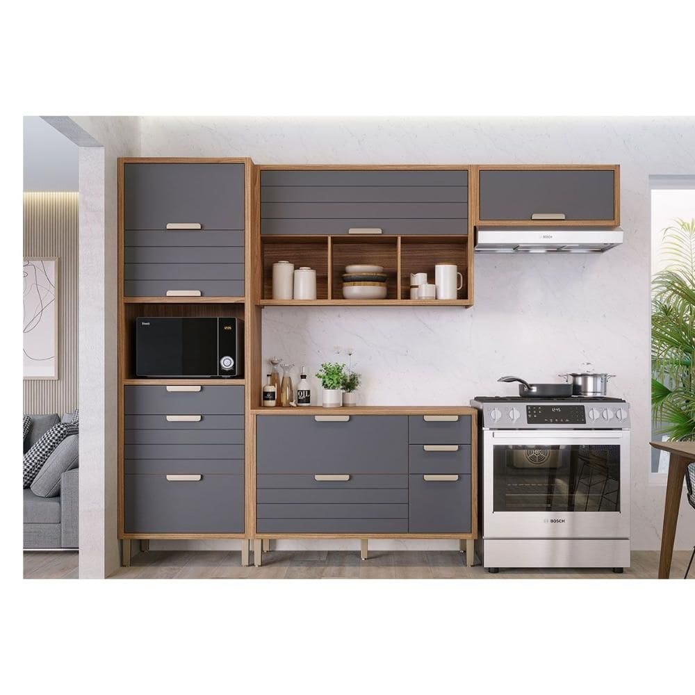 Kit Cozinha Modulada 4 Peças Eloise (2Aéreos+1Balcão+1TorreQuente) C4P181 Freijo/Titanium - MGM