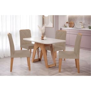 Conjunto: Mesa de Cozinha Carol Tampo Madeirado c/ Vidro 130x80cm e 4 Cadeiras Fernanda Madeirado/Suede Joli Capuccino - Cimol