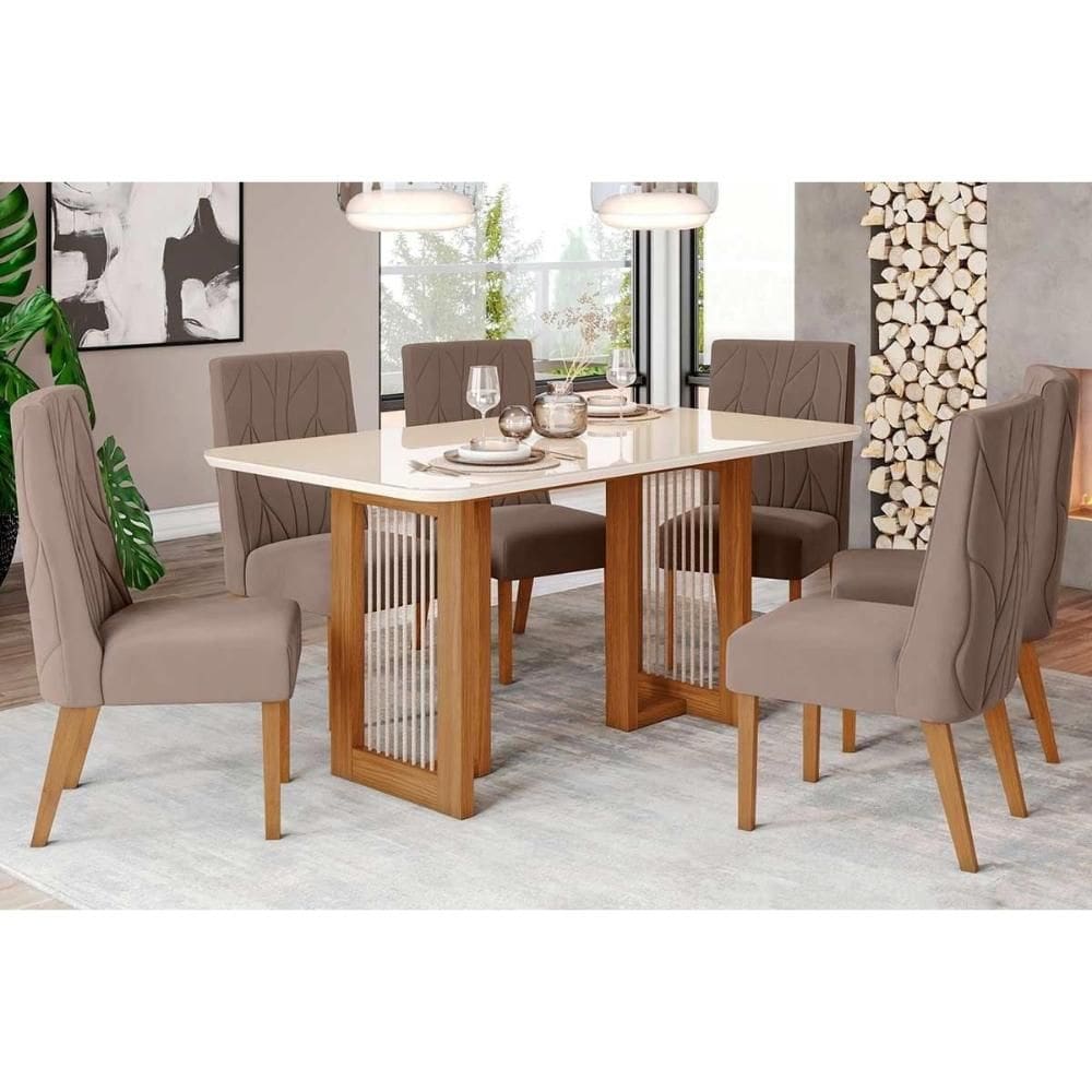 Conjunto: Mesa de Cozinha Yara c/ Tampo Madeirado c/ Vidro Curvo 160x90cm e 6 Cadeiras Eloa Nature/Suede Light Marrom Amêndoa - Henn