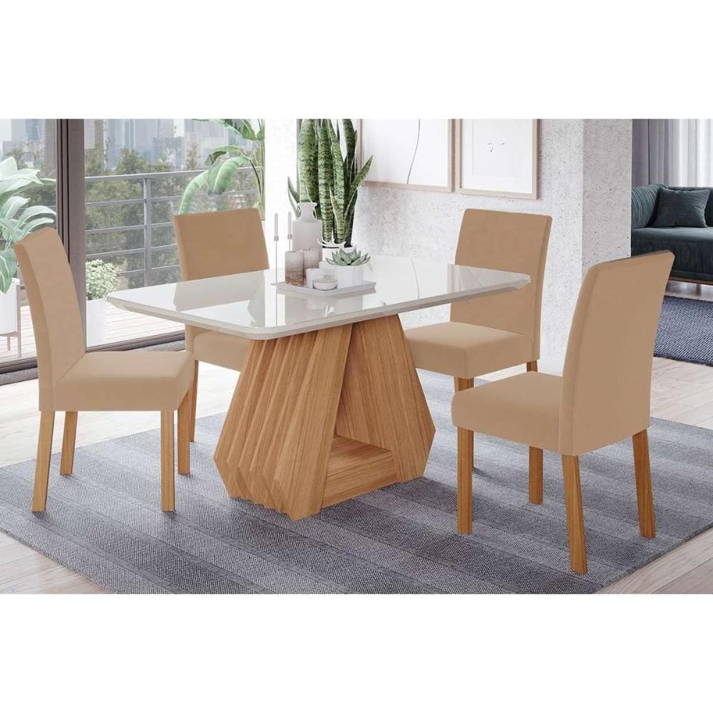 Conjunto: Mesa de Cozinha Ágata c/ Tampo Madeirado c/ Vidro 130x80cm e 4 Cadeiras Maia Nature/Suede Gengibre Bege - Cimol
