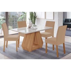 Conjunto: Mesa de Cozinha Ágata c/ Tampo Madeirado c/ Vidro 130x80cm e 4 Cadeiras Maia Nature/Suede Gengibre Bege - Cimol