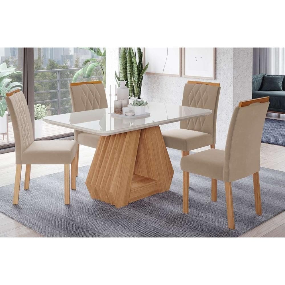Conjunto: Mesa Sala Jantar Ágata Tampo Madeirado c/ Vidro 130x80cm e 4 Cadeiras Juliana Madeirado/ Linho Bege - Cimol
