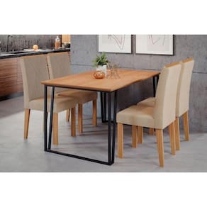 Conjunto: Mesa de Cozinha Lisa Tampo Madeirado c/ Vidro 130x80cm e 4 Cadeiras Nicole Savana-Nature/Suede Nude Bege - Cimol