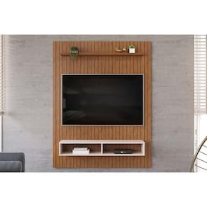 Painel Quarto p/ TV até 55 Pol Aston Ripado c/ 1 Prateleira e 2 Nichos 134x168cm Freijó/Off White - DJ Móveis