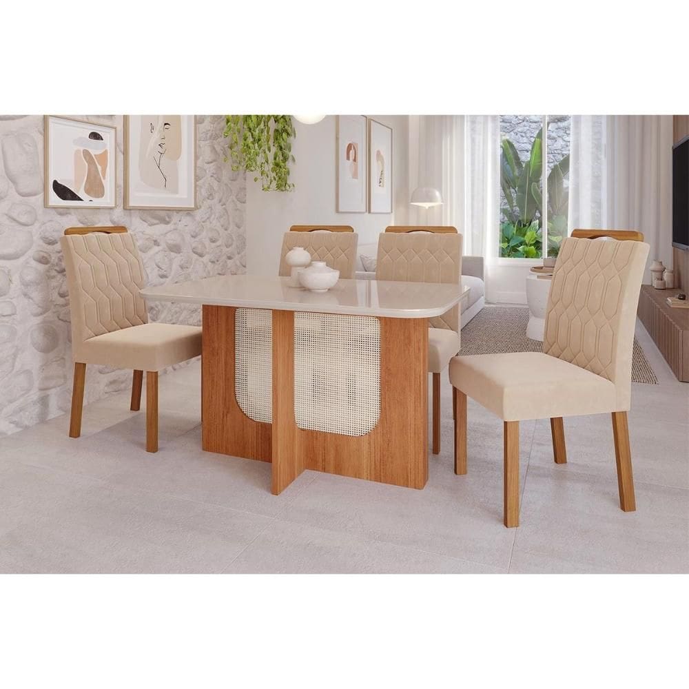 Conjunto: Mesa de Cozinha Louise Tampo Madeirado c/ Vidro 130x80cm e 4 Cadeiras Paola Cinamomo/Off White - Savana/Nature-Suede Nude - Cimol