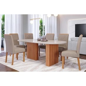 Conjunto: Mesa de Cozinha Ester Tampo Madeirado Oval c/ Vidro 210x100cm e 6 Cadeiras Fernanda Cinamomo/Off White - Nature-Madeirado/Linho Be - Cimol