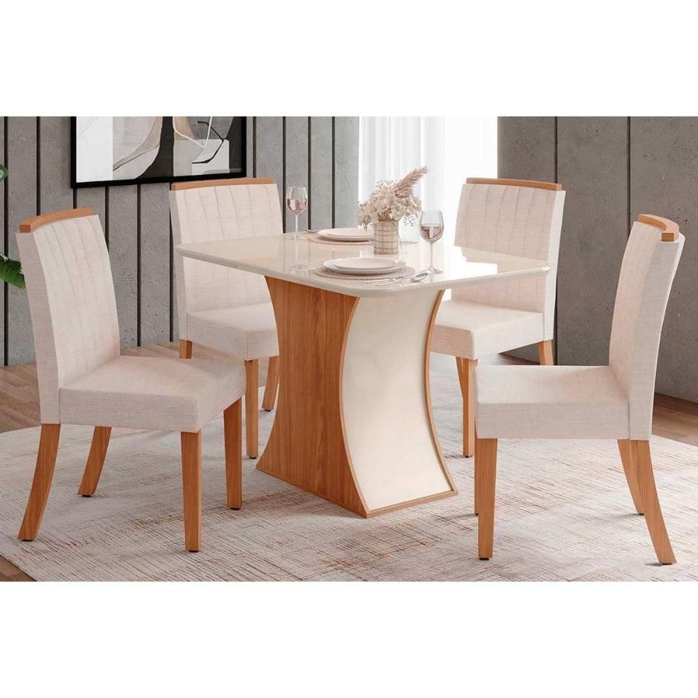 Conjunto: Mesa de Cozinha Luiza c/ Tampo Curvo Madeirado c/ Vidro 120x80cm e 4 Cadeiras Tauá Nature/Linho - Henn