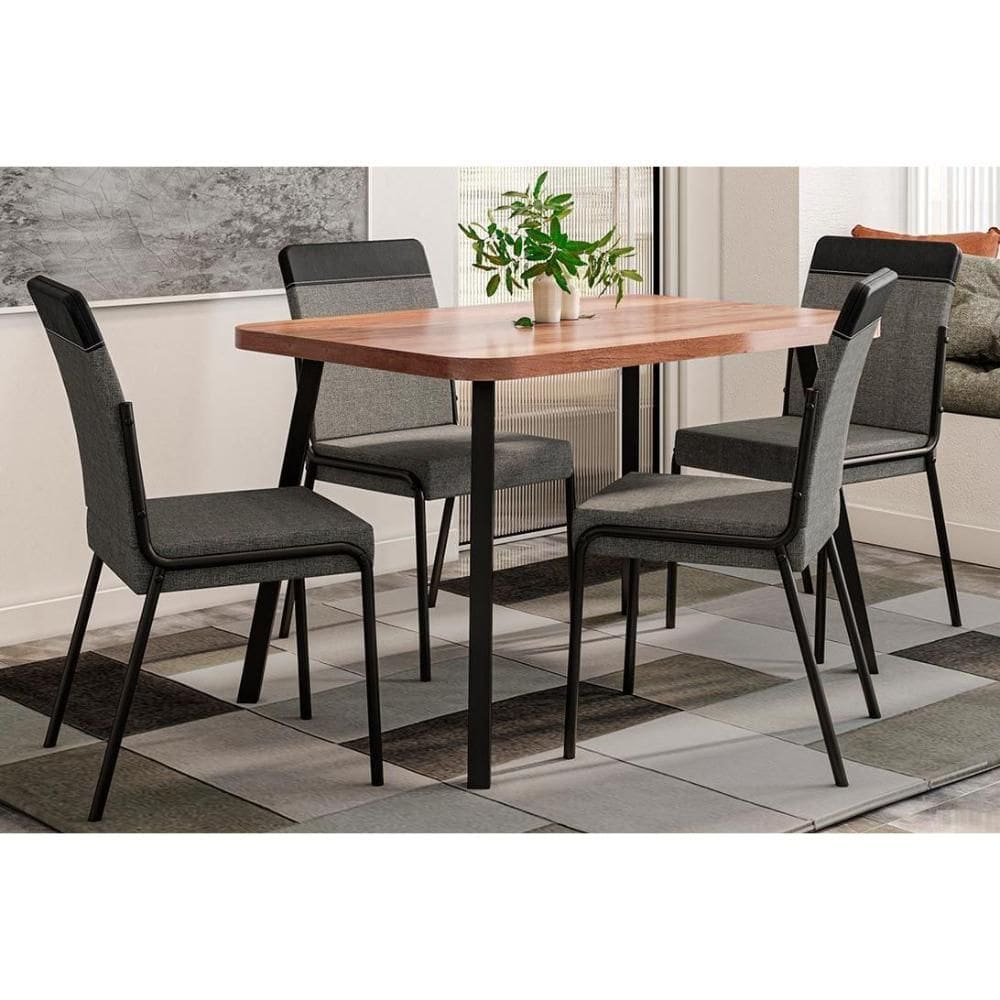 Conjunto: Mesa de Cozinha Stellar 1598 Aço c/ Tampo Madeirado 120x80cm e 4 Cadeiras Duo Preto/Nogal - Preto/Grafite - Preto - Carraro