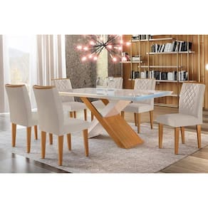 Conjunto: Mesa de Cozinha Imperatriz Tampo Madeirado c/ Vidro Canto Curvo 180x90 e 6 Cadeiras Jade Imbuia/Off White - Suede Creme - Rufato