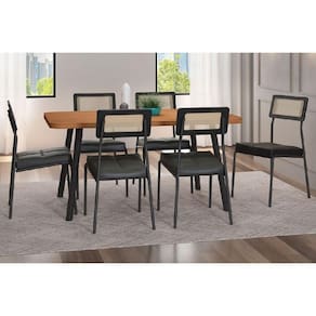 Conjunto: Mesa de Cozinha Stellar 1597 Aço c/ Tampo Madeirado 160x90cm e 6 Cadeiras Lux Preto/Nogal - Preto/Grafite - Preto - Carraro