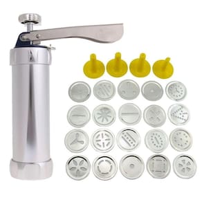 Kit Conjunto De Maquina De Biscoitos Decoração Bolacha E Cookies Em Aluminio Biscoiteira Com 20 Discos Moldes E 4 Bicos