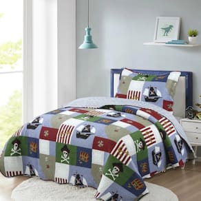 Kit Cobre Leito Colcha Solteiro Infantil Studio Dupla Face Estampado 2 Peças - Pirata - Azul