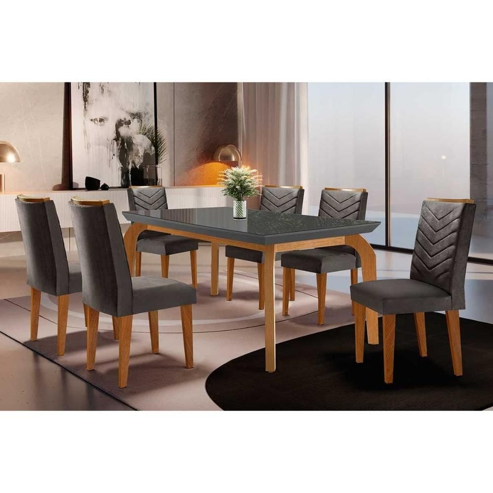 Conjunto: Mesa de Cozinha Londrina Tampo Madeirado c/ Vidro Curvo 180x90 e 6 Cadeiras Londrina Capuccino/Suede Grafite - Rufato