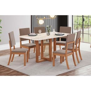 Conjunto: Mesa de Cozinha Natalí c/ Tampo Madeirado c/ Vidro Curvo 160x80cm e 6 Cadeiras Milla Nature/Suede Light Marrom Amêndoa - Henn