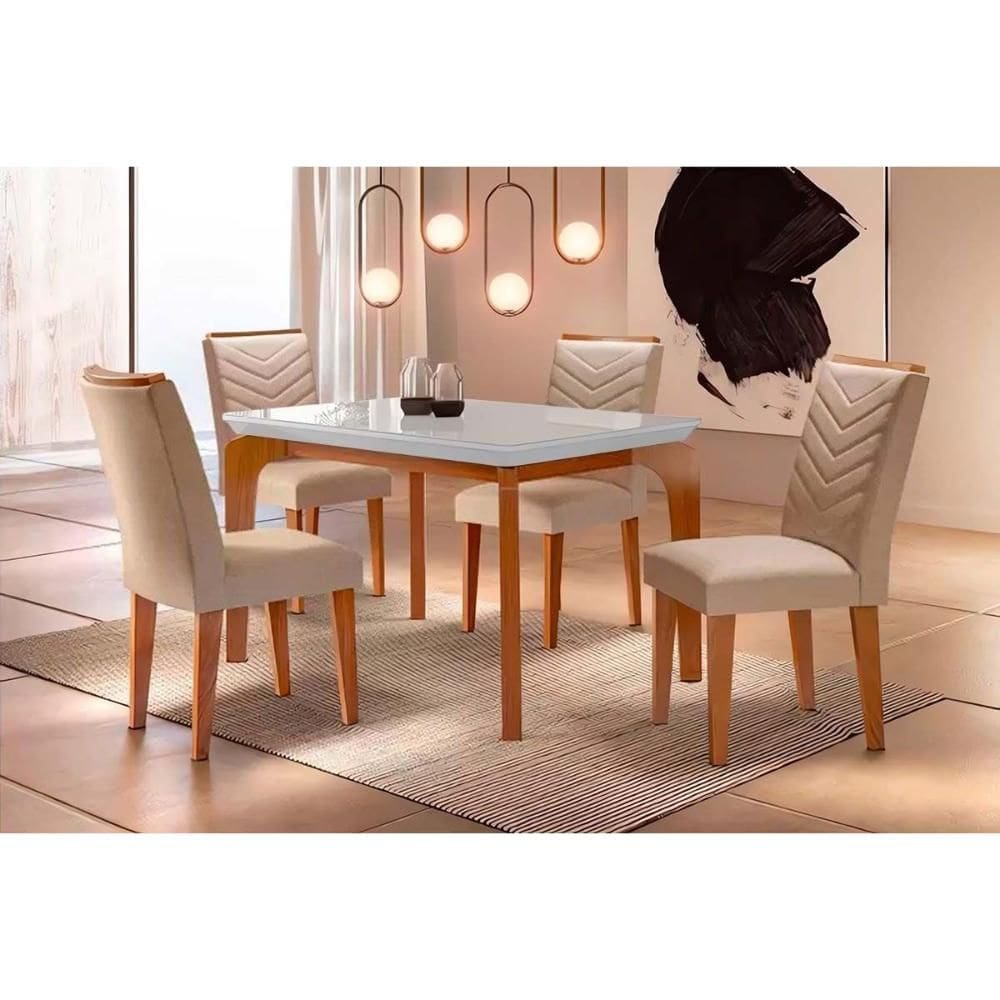 Conjunto: Mesa de Cozinha Londrina Tampo Madeirado c/ Vidro Curvo 120x80cm e 4 Cadeiras Londrina Capuccino/Linho Bege Turim - Rufato