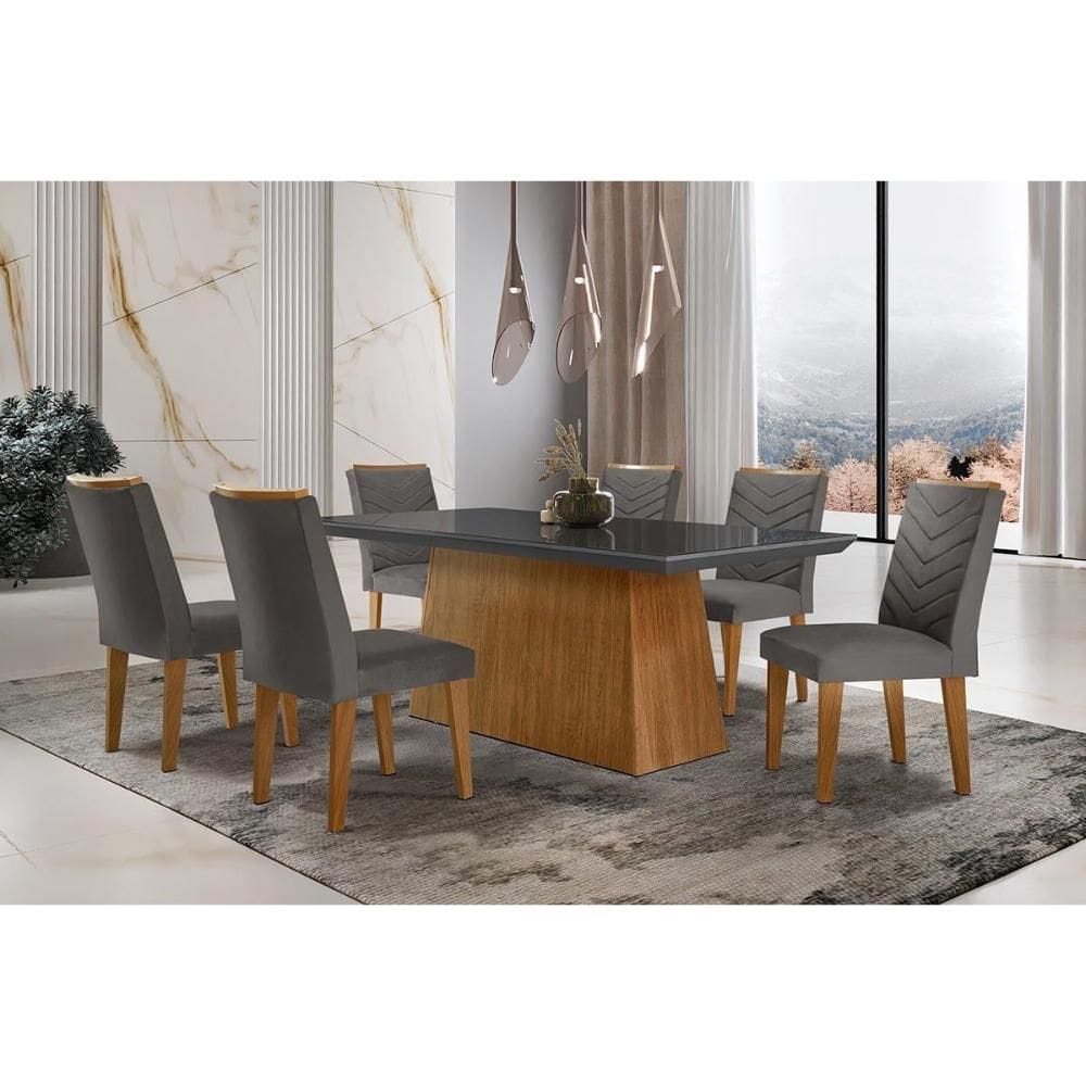 Conjunto: Mesa de Cozinha Luna c/ Tampo de Vidro Canto Curvo 180x90cm e 6 cadeiras Londrina Imbuia/Grafite - Linho Grafite - Rufato