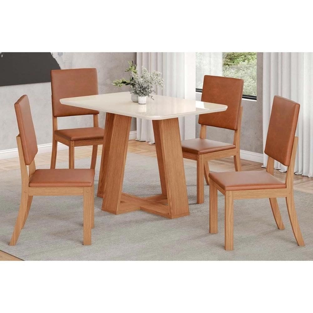 Conjunto: Mesa de Cozinha Lins c/ Tampo Madeirado c/ Vidro Curvo 120x80cm e 4 Cadeiras Milla Plus Nature/Courano/Caramelo - Henn