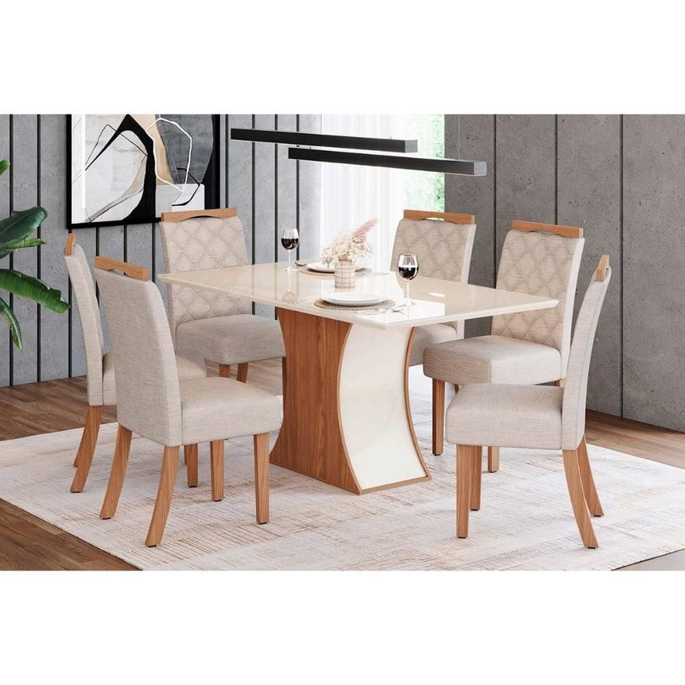 Conjunto: Mesa de Cozinha Luiza Tampo Madeirado c/ Vidro 160x90cm e 6 Cadeiras Bella Nature/Linho - Henn