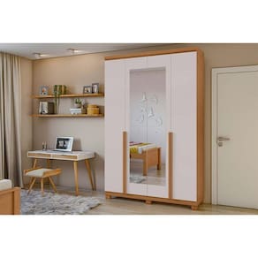Guarda Roupa Casal 4 Portas (2 c/ Espelho) e 2 Gavetas c/ Pés Alonzo Amendoa/Off White - Lopas
