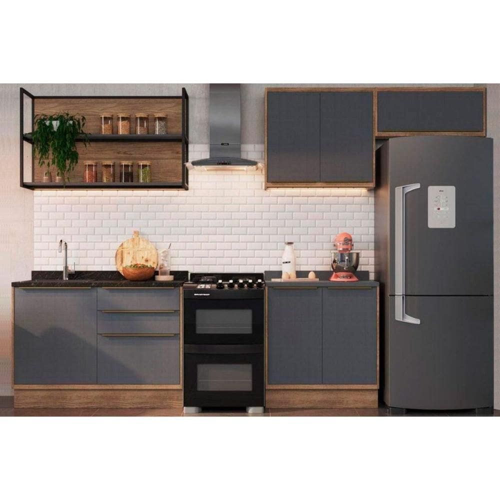 Kit Cozinha Modulada 6 Peças Versalis (2 Aéreos + 1 Nicho + 2 Balcões + 1 Complemento) C6P196 Freijo/Grafite - Herval