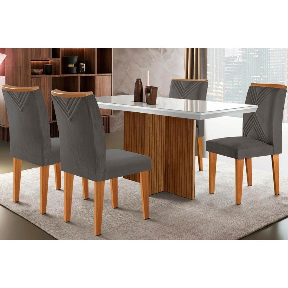 Conjunto: Mesa de Cozinha Berlim c/ Tampo Madeirado c/ Vidro Canto Curvo 120x80cm e 4 Cadeiras Amsterdã Imbuia/Off White - Suede Grafite - Rufato