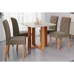 Conjunto: Mesa de Cozinha Flora c/ Tampo Madeirado c/ Vidro 95x95cm e 4 Cadeiras Fernanda Madeirado/Suede Joli Capuccino - Cimol