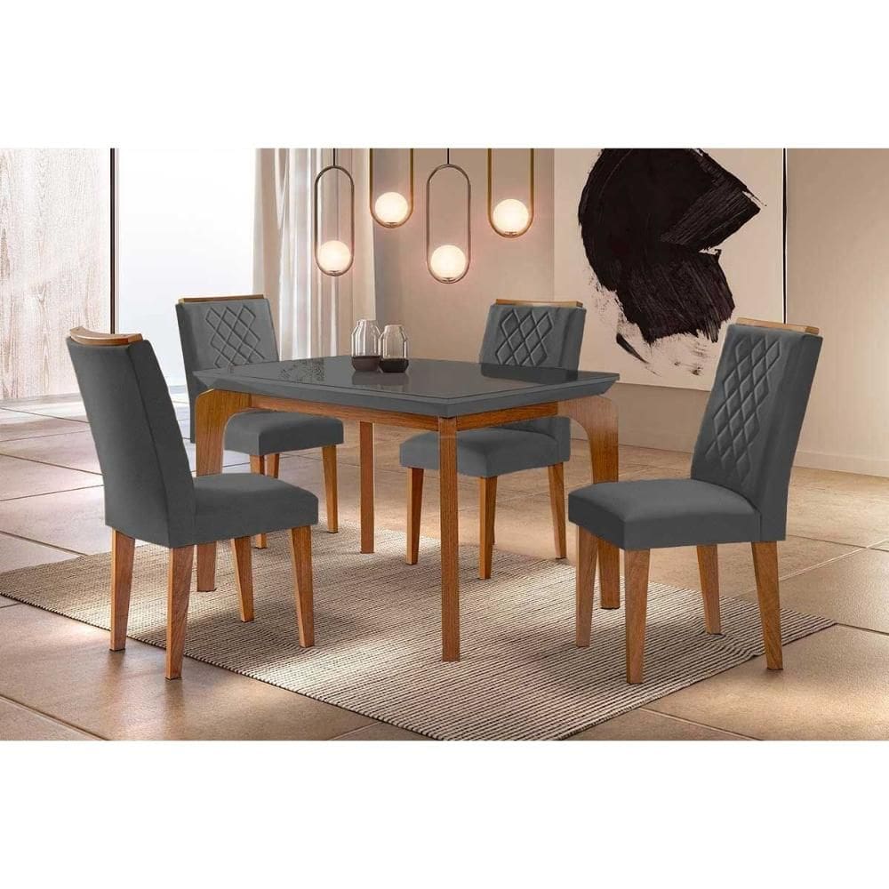 Conjunto: Mesa de Cozinha Londrina c/ Tampo Madeirado c/ Vidro Canto Reto 120x80cm e 4 cadeiras Jade Imbuia/Grafite - Suede Grafite - Rufato