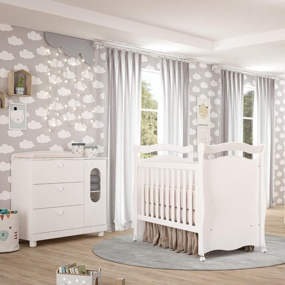 Quarto de Bebê Berço, Cômoda 4 Gavetas 1 Porta Happy Espresso Móveis Branco