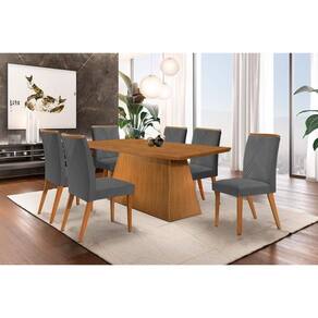 Conjunto: Mesa de Cozinha Luna c/ Tampo Madeirado Canto Curvo 180x90cm e 6 cadeiras Amsterdã Capuccino/Suede Grafite - Rufato