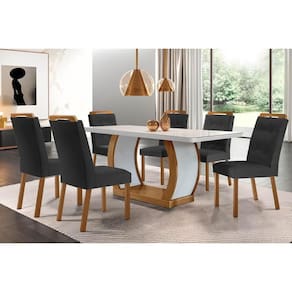 Conjunto: Mesa de Cozinha Jade Tampo Madeirado c/ Vidro Canto Curvo 180x90 e 6 Cadeiras Imperatriz Imbuia/Off White - Suede Grafite - Rufato