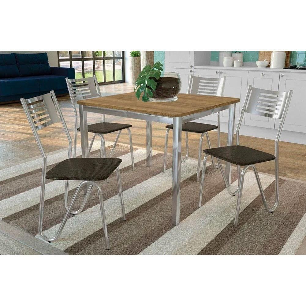 Conjunto: Mesa de Cozinha Reno c/ Tampo de Madeira 90cm e 4 Cadeiras Nápoles Cromada/Preto - Kappesberg