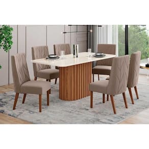 Conjunto: Mesa de Cozinha Solana c/ Tampo Madeirado c/ Vidro Curvo 160x90cm e 6 Cadeiras Eloa Nature/Suede Light Marrom Amêndoa - Henn