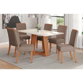 Conjunto: Mesa de Cozinha Lins c/ Tampo Madeirado c/ Vidro 160x90cm e 6 Cadeiras Malu Nature/Suede Light Marrom Amendoa - Henn